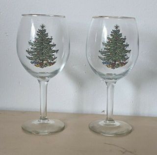 Cuthbertson Christmas Tree Set Of 2 Wine Goblets 11 Oz 7 " Tall Glasses