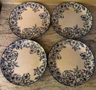 4 Salad Plates Gabriela Blue By Pfaltzgraff Blue Floral Border,  Embossed,  Coupe,