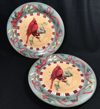 Set 2 Lenox Winter Greetings Everyday Dinner Plates Cardinals 10 3/4” Euc