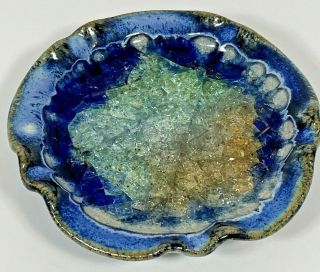 Handmade Crushed Glass Pottery Dish Candle Holder Blues Usa Made Gift