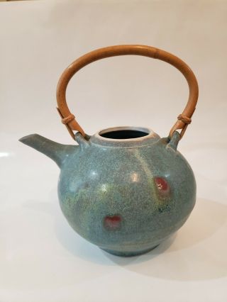 Hand Crafted Studio Art Pottery Stoneware Bamboo Handle Teapot Marked Bottom