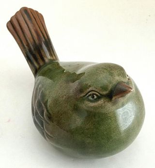 Mid Century Bird Figurine Ceramic Pottery Green & Brown 3 