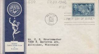 1942 906 China Wwii Fdc W/ Rare Temple Stamp Club Of Milwaukee Masonic Cachet