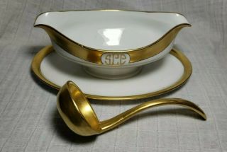Antique Selb Bavaria White Porcelain Gravy Boat W/ Gold Gilded Ladle Under Plate