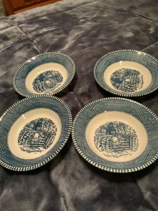 Set Of 4 Currier And Ives Blue And White Dessert Or Berry Bowls 5.  5 Inches