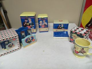 5 I Love Lucy Kitchen Items Mug,  S 7 P Shakers,  Recipe Box,  2 Tin Boxes Nib Nos