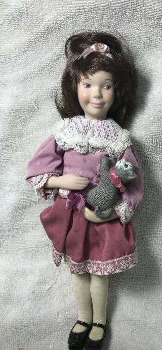 Vintage Adorable Porcelain Doll With Kitten In Arms Well Made