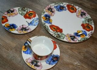 Fitz And Floyd " Pansies " Fine Porcelain 4 Piece Place Setting Japan 443