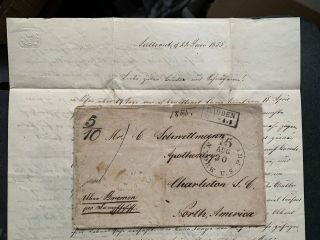 1855 Germany Stampless,  4pg Letter Charleston Sc Apothecary Ny Us Pkt Ship