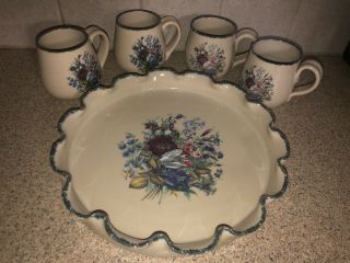 Home And Garden Party Stoneware Set Floral —5pc Set - 4 Mugs,  1 Platter Retired