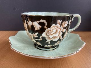 Black Roses Paragon Tea Cup And Saucer Cream Green Double Warrant Queen Mary 2