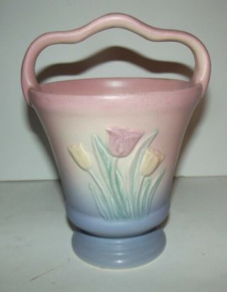 Vintage 7 1/2 " Hull Pink Blue 102 - 33 - 6 Pottery Vase Tulips Basket