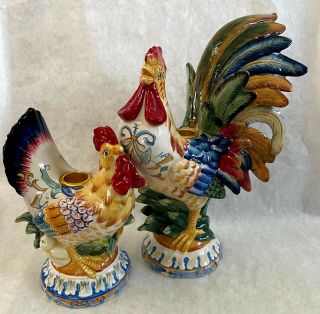 2 Fitz And Floyd Classics Ricamo Rooster Candleholders 63/475 Decolores