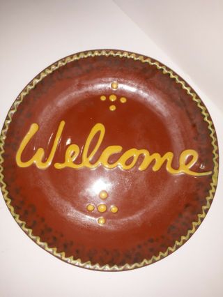 1992 Jeff White Hand Thrown Primitive Redware 10 " Welcome Plate