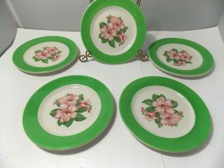 5 Syracuse China Restaurant Ware Bread Plates Dorothy Draper Green Pink Azalea