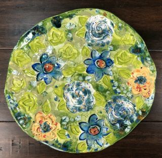 Hand Crafted Painted Floral Art Pottery Plate Platter Serve Display Signed 10.  5”