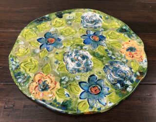 Hand Crafted Painted Floral Art Pottery Plate Platter Serve Display Signed 10.  5” 3