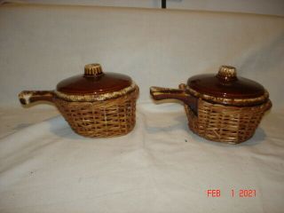 Hull Usa Brown Drip Handle Onion Soup Bowls,  Set Of 2,  With Covers & Wicker