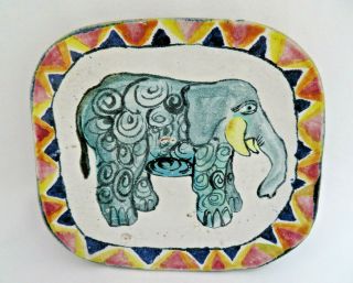 Hand Painted Elephant Folk Art Pottery Plate / Wall Art Signed Suki