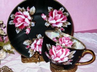 Japan Pink Cabbage Roses Black Hand Painted Tea Cup And Saucer