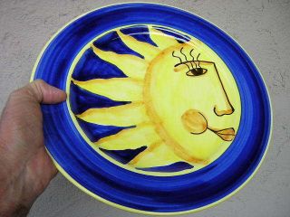 Italy 12 1/4 " Blue - And - Yellow Smiling Sun Face Pottery Plate Platter Bellini Piu