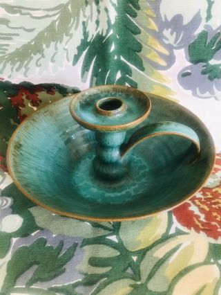 North Carolina Cole Pottery Chamberstick Candle Holder Green And Brown