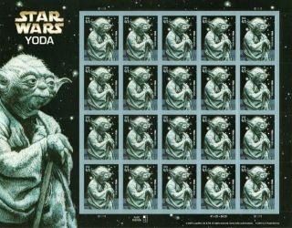 Star Wars Yoda Full Sheet Of 41 Cent Us Postage Stamps.  20 Stamps.