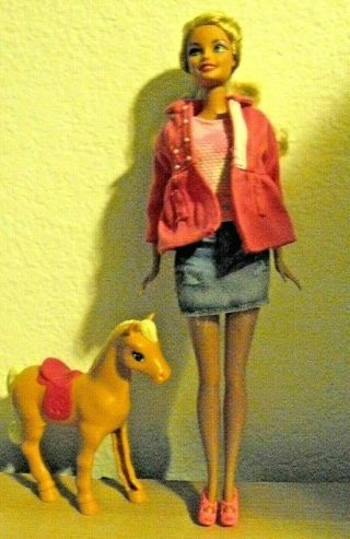 Mattel Barbie Doll In Pink Top With Jean Skirt And Mini Pony