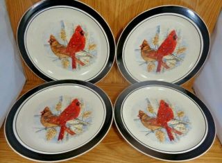 Folk Craft By Scotty Z Stoneware 11 " Cardinal Dinner Plates Set Of 4