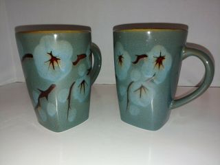 Pier 1 Tranquil Mugs Set Of 2 Cherry Blossom Brown And Teal