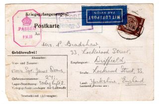 1941 (apr) Gb P.  O.  W.  In Stalag Luft 2 To Gb Postcard / " Dixie " Deans.
