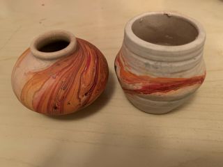 2 Small Nemadji Pottery Vases.  Multi - Orange Red 2.  5 X 3”