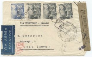 Spain,  Wwii Airmail,  1941 Cover To Norway W/barcelona & Munich Censor
