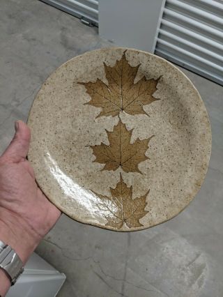 Slab Pottery Plate With 3 Maple Leaf Impressions 10” Studio,  Hand - Made,  Signed