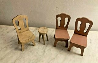 Vintage Miniature Dollhouse Strombecker 2 Pink Chairs & Muted Pink Chair & Stool