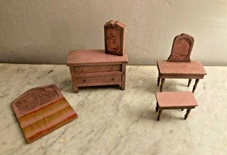 Vintage Dollhouse Miniature Strombecker Pink Wood Vanity,  Dresser,  Bench Or Side