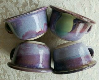 Set Of Four Handmade Stoneware Soup Bowls With Handles - Purple/blues/greens