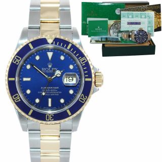 Papers 1998 Rolex Submariner 16613 Two Tone 18k Yellow Gold Blue 40mm Watch Box