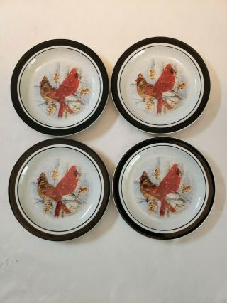 Set Of 4 Folk Craft Stoneware By Scotty Z Cardinal Salad Dessert Plates