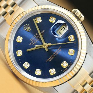 Rolex Mens Datejust Two - Tone Quickset Blue Dial Watch 16233 & Rolex Bracelet