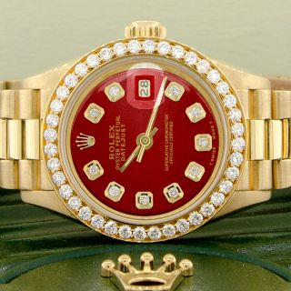 Rolex President Datejust Ladies Gold 26mm W/imperial Red Dial & Diamond Bezel