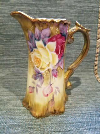 Vintage Nippon Cream Pitcher Hand Painted Rose Flowers W/ Gold Trim 6.  75 " Tall