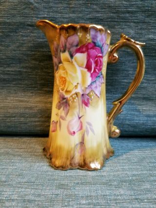 Vintage Nippon Cream Pitcher Hand Painted Rose Flowers W/ Gold Trim 6.  75 