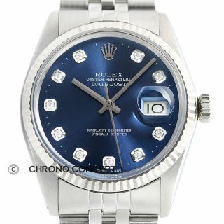 Mens Rolex Datejust Blue Diamond Dial 18k White Gold / Stainless Steel Watch