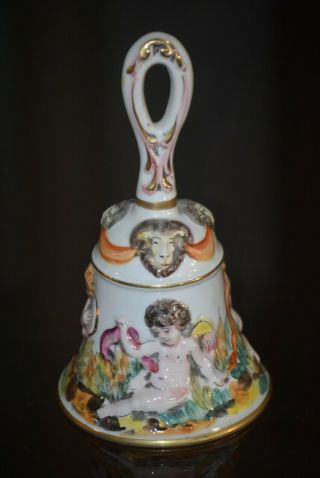 Keramos Capodimonte Handpainted Vintage Porcelain Bell - Cherubs - 8 1/4 " Tall
