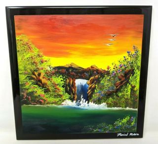 Signed Hand Painted Ceramic Wall Art Tile Waterfall Nature Trivet Plaque Tt20