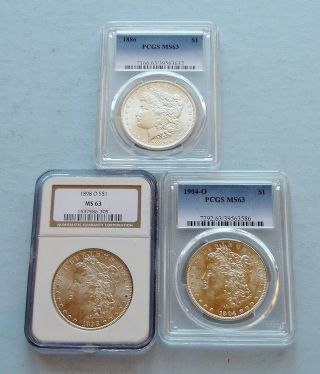 3 Mixed Date (1886 - P - 1904 - O) U.  S Morgan Silver Dollars Pcgs,  Ngc Graded Ms 63