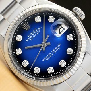 Mens Rolex Datejust Blue Vignette Diamond 18k White Gold/ss Watch W/oyster Band