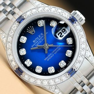 Rolex Ladies Datejust 18k White Gold Ss Blue Vignette Diamond Bezel & Lugs Watch