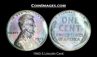 1943 - S Lincoln Wheat Cent Rainbow Lilac Toned